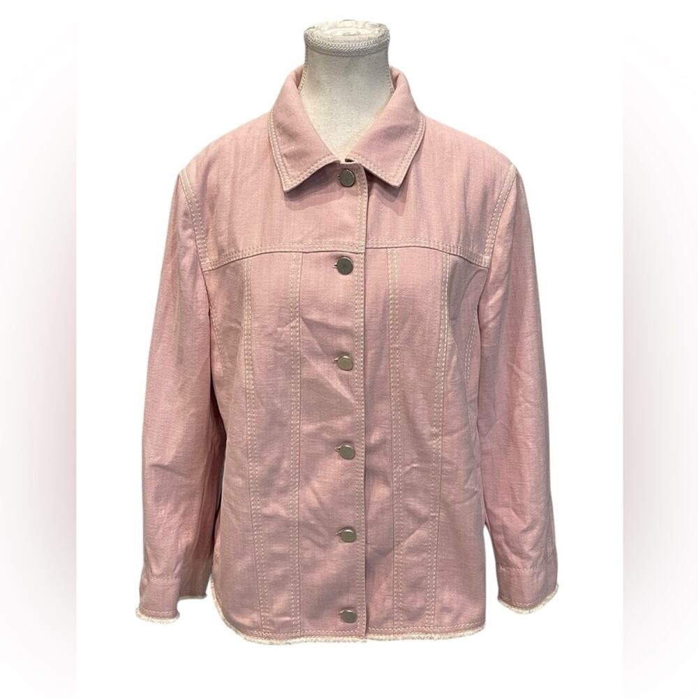 AKRIS PUNTO Fringed-hem Denim Jacket In Pale Pink Size:16